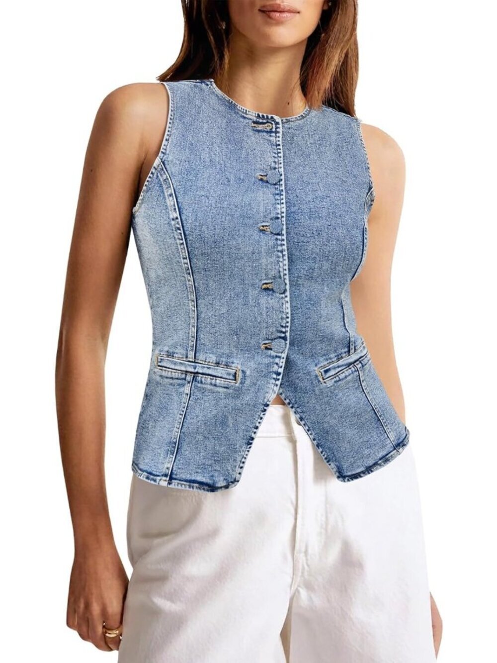 Women's Blue Sleeveless Fitted Casual Button Down Denim Vests Tops Waistcoat
